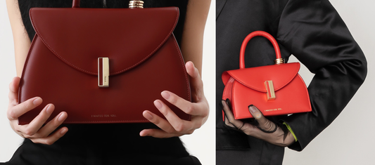 Red leather handbags with gold-tone hardware, shown in two styles held by models wearing black clothing.